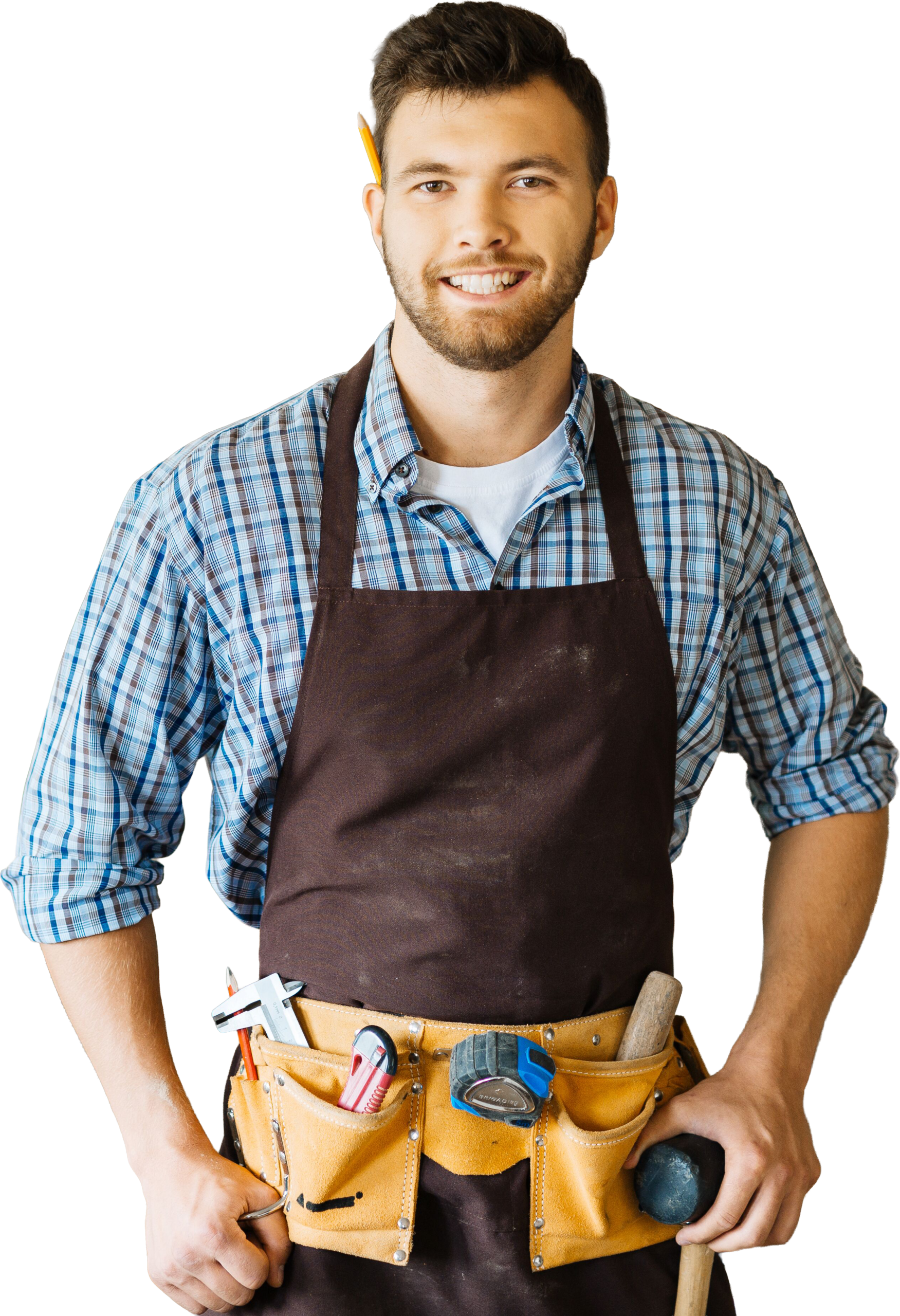 Smiling young man in a plaid shirt and brown apron, holding tools in a leather tool belt, representing skilled craftsmanship and professionalism.